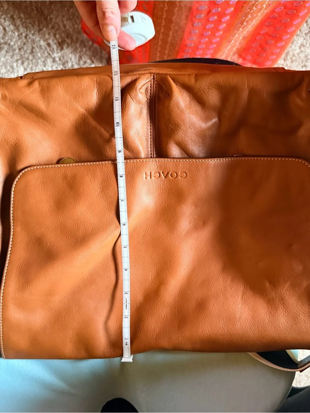 COACH Cognac Leather Messenger Bag with Navy-Striped Strap